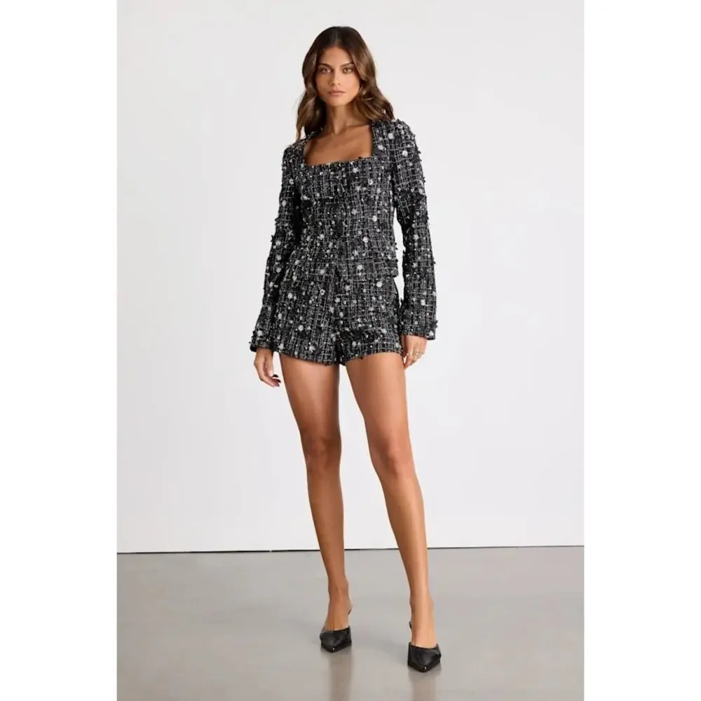 NWT Lulus Marcie Black Tweed Lurex Sequin Applique Blazer Large